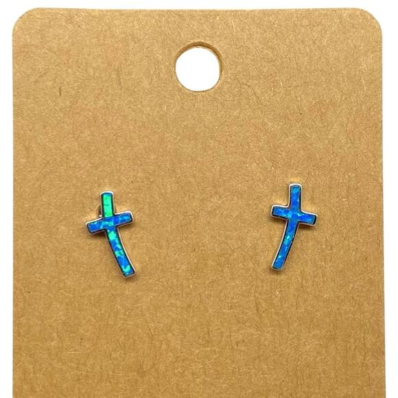 Blue Fire Opal Cross Earrings Solid 925 Sterling Silver Post Stud Pierced Gift - Picture 1 of 9